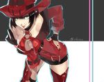  belt bent_over black_hair blue_eyes boots breasts collar collarbone green_eyes guilty_gear hat heterochromia hyakuhachi_(over3) i-no large_breasts leather leather_boots lipstick makeup mole mole_above_mouth nail_polish red_hat red_legwear red_lipstick red_nails short_hair skull smile solo thigh_boots thighhighs underboob witch_hat 