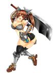  1girl armor bikini_armor breasts brown_hair curvy hand_on_hip happy huge_breasts huge_sword looking_at_viewer looking_back no_background red_eyes smile solo twintails 