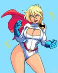  blonde_hair blue_background blue_eyes breasts cape cleavage cleavage_cutout clenched_hands contrapposto dc_comics large_breasts leotard noontide power_girl short_hair solo standing superhero 