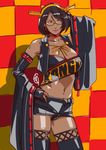  alternate_color black_hair breasts checkered cleavage dark_skin detached_sleeves female ganto glasses kantai_collection kirishima_(kantai_collection) large_breasts navel navel_piercing pencil_skirt race_queen short_hair solo 