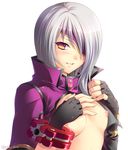  2014 artist_name bad_id bad_pixiv_id black_gloves blush breasts bururai covering covering_breasts eyepatch fingerless_gloves gina_dickinson gloves god_eater god_eater_2:_rage_burst jacket looking_at_viewer nipples open_clothes open_jacket parted_lips red_eyes silver_hair simple_background small_breasts solo white_background 