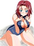  blue_eyes breasts cleavage code_geass front_zipper_swimsuit highres kallen_stadtfeld large_breasts meme_attire one-piece_swimsuit red_hair short_hair sigsig swimsuit 