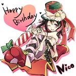  ;d \m/ black_hair character_name chiigo double_\m/ happy_birthday hat heart love_live! love_live!_school_idol_project mismatched_legwear one_eye_closed open_mouth reclining red_eyes red_footwear ribbon shoe_ribbon shoes skirt smile solo top_hat twintails yazawa_nico 