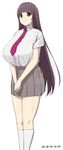  1girl breasts female huge_breasts long_hair namamo_(kura) necktie original pleated_skirt school_uniform simple_background smile solo 