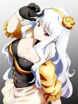  bad_id bad_pixiv_id belt beyond_the_nobles black_gloves breasts choker cleavage eto_mori_shuku flower from_above gloves hair_flower hair_intakes hair_ornament hairband idol idolmaster idolmaster_(classic) large_breasts long_hair puffy_sleeves red_eyes shijou_takane silver_hair skirt smile solo 