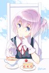  blue_eyes cake chair cup food food_on_face fruit gloves hair_ornament kantai_collection komi_zumiko neck_ribbon pink_hair plate ponytail red_neckwear red_ribbon ribbon school_uniform shiranui_(kantai_collection) short_hair sitting slice_of_cake solo spoon strawberry strawberry_shortcake sugar_cube table tea teacup twitter_username upper_body white_gloves 