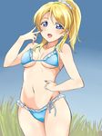  :d ayase_eli bikini blonde_hair blue_eyes breasts long_hair love_live! love_live!_school_idol_project nail_polish navel open_mouth ponytail smile solo standing swimsuit turkey_min underboob v 