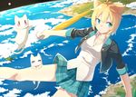  above_clouds animal_ears bad_id bad_pixiv_id blonde_hair blue_eyes blush breasts cat cat_ears cleavage closed_umbrella cloud gj-bu kirara_bernstein looking_at_viewer medium_breasts ocean orbit pleated_skirt school_uniform short_hair skirt smile solo space u_(mikaduki0720) umbrella water 