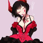  bangs bare_shoulders between_breasts black_hair blood blood_on_face breasts bubble_skirt cleavage demon_horns detached_sleeves eliza_(tekken) head_tilt horns large_breasts licking_lips nns146 pale_skin short_hair skirt solo spaghetti_strap tattoo tekken tekken_revolution tongue tongue_out vampire 