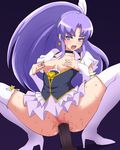  1girl anal areolae blush breasts breasts_outside censored choker cure_fortune dildo earrings happinesscharge_precure! hikawa_iona jewelry legs long_hair nipples no_bra no_panties open_mouth precure purple_eyes purple_hair pussy sex simple_background skirt small_breasts solo suigin_cigarette sweat thigh_boots thighs 