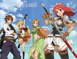  3girls aria_(seiken_no_blacksmith) armor breasts brown_hair cecily_cambell gloves highleg lisa_(seiken_no_blacksmith) long_hair luke_ainsworth medium_breasts multiple_girls open_mouth red_eyes red_hair seiken_no_blacksmith short_hair smile sword weapon 