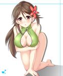 :o all_fours amagi_(kantai_collection) bare_legs bare_shoulders barefoot breast_hold breasts brown_eyes brown_hair cleavage flower front_zipper_swimsuit green_swimsuit hair_flower hair_ornament heart highres kantai_collection kyamu_(qqea92z9n) large_breasts long_ponytail looking_at_viewer meme_attire mole mole_under_eye one-piece_swimsuit ponytail solo swimsuit 