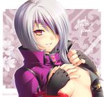 2014 artist_name bad_id bad_pixiv_id black_gloves blush breasts bururai character_name copyright_name covering covering_breasts eyepatch fingerless_gloves gina_dickinson gloves god_eater god_eater_2:_rage_burst jacket looking_at_viewer nipples open_clothes open_jacket parted_lips red_eyes silver_hair small_breasts solo 