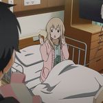  1girl animated animated_gif bed black_hair blonde_hair hospital hospital_bed indoors long_hair miyazono_kawori shigatsu_wa_kimi_no_uso short_hair 