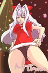  1girl aihara_shouko breasts christmas gakuen_saimin_reido genderswap large_breasts merry_christmas photoshop purple_eyes ribbon santa_costume silver_hair sugiura_kokuro 