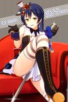  2015 birthday black_gloves blue_flower blue_hair boots cafe_maid character_name cross-laced_footwear dated earrings flower gloves hair_ornament hat highres jewelry lace-up_boots long_hair looking_at_viewer love_live! love_live!_school_idol_project microphone microphone_stand nanotsuki solo sonoda_umi striped striped_legwear thighhighs treble_clef yellow_eyes 