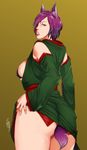  1girl animal_ear animal_ears breasts character_request ganto lips looking_back mole plump purple_hair short_hair sideboob simple_background tail thighs 