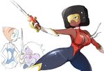  afro ajikan_(sabamiso) amethyst_(steven_universe) breasts cleavage cosplay cutie_honey cutie_honey_(character) cutie_honey_(character)_(cosplay) dark_skin garnet_(steven_universe) large_breasts magical_girl multiple_girls pearl_(steven_universe) steven_universe sunglasses sword weapon 