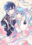  1girl arm_around_shoulder blue_eyes blue_hair brooch commentary_request cover cover_page flower gloves hair_ribbon hatsune_miku holding holding_flower horiizumi_inko jewelry kaito long_hair looking_at_viewer military military_uniform necktie official_art pink_flower pink_rose ribbon rose short_hair twintails uniform very_long_hair vocaloid voice_(vocaloid) 