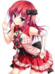  audrey_belrose choker fingerless_gloves food fruit gloves grin huniepop long_hair looking_at_viewer middle_finger red_eyes red_hair ribbon_choker smile solo strawberry yogurt_(hata_hatsu) 