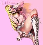  blonde_hair blue_eyes boots breasts character_name checkered checkered_neckwear cross-laced_footwear dress fighting_stance fingerless_gloves frilled_dress frills gloves hio_(hiomemo) knee_boots kneehighs lace-up_boots large_breasts leg_lift lili_(tekken) long_hair necktie panties pantyshot pink_background pinky_out solo standing standing_on_one_leg tekken underwear 