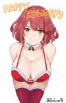  1girl bangs bare_shoulders bent_over bikini breasts brown_eyes christmas cleavage closed_mouth collarbone detached_collar eyebrows_visible_through_hair fur_trim hairband halterneck happy_holidays homura_(xenoblade_2) j@ck large_breasts leaning_forward looking_at_viewer merry_christmas nintendo red_bikini red_hair santa_costume short_hair smile swept_bangs swimsuit thighhighs xenoblade_(series) xenoblade_2 