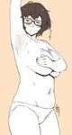  1girl armpit armpit_hair armpits black_hair blush breasts covering covering_breasts ganto glasses large_breasts monochrome navel panties plump short_hair simple_background thighs topless underwear 