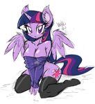  2015 blush bottomless breasts cleavage clothed clothing cutie_mark danmakuman equine female friendship_is_magic hair half-dressed horn kneeling legwear looking_at_viewer mammal my_little_pony purple_eyes purple_hair solo stockings twilight_sparkle_(mlp) winged_unicorn wings 
