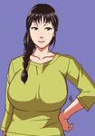  1girl black_eyes black_hair breasts ganto hand_on_hips huge_breasts lips long_hair ponytail shirobako simple_background 