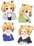  :d ^_^ angry blonde_hair blush closed_eyes expressions frown hair_ornament hair_ribbon hairclip hood hoodie looking_at_viewer mole mole_under_eye multiple_views nonohachi open_mouth ribbon shaded_face shirobako shirt short_hair short_twintails smile twintails upper_body white_background yano_erika 