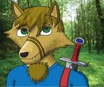  2015 brown_fur canine chest_tuft digital digital_media_(artwork) forest fox fur green_eyes hiking looking_at_viewer male mammal outside smile solo sword trail tree tuft weapon wildhead_the_fox 
