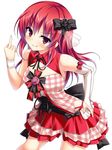  audrey_belrose choker duplicate fingerless_gloves food fruit gloves huniepop long_hair looking_at_viewer middle_finger red_eyes red_hair ribbon_choker strawberry yogurt_(hata_hatsu) 