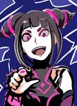  1girl :d black_hair han_juri looking_at_viewer nail_polish open_mouth pink_eyes pink_nails pointing rough smile solo stalkeralker street_fighter 