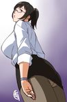  1girl black_hair breasts from_below ganto glasses holon looking_at_viewer office_lady panties panties_under_pantyhose pantyhose pantyshot pencil_skirt plump ponytail real_drive simple_background skirt thighs underwear upskirt 
