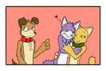  &lt;3 bone brown_fur canine cat collar dog feline female female/female fur grape_jelly_(housepets!) housepets! hug katia_managan khajiit male mammal peanut_butter_(housepets!) prequel purple_fur smile the_elder_scrolls video_games yellow_fur 