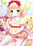  1girl :o balloon bangs bed_sheet blonde_hair blue_eyes blunt_bangs blush bow chitosezaka_suzu eyebrows_visible_through_hair food frilled_shirt_collar frills gochuumon_wa_usagi_desu_ka? hair_bow holding holding_food honey jar kirima_sharo no_shoes parted_lips pennant pillow plaid plaid_skirt polka_dot puffy_short_sleeves puffy_sleeves red_bow red_skirt shirt short_sleeves sitting skirt solo string_of_flags stuffed_animal stuffed_bunny stuffed_toy thighhighs transparent wariza wavy_hair white_legwear yellow_shirt 