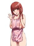  apron blush braid breasts brown_hair kuzukago_(bitchmaker) large_breasts lips mole naked_apron nipples pubic_hair red_eyes solo standing twin_braids 