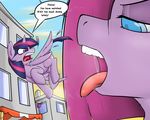  2015 angry blue_eyes building cutie_mark dialogue duo earth_pony english_text equine feather female feral flying friendship_is_magic gtsdev hair half-closed_eyes horn horse long_hair macro mammal my_little_pony open_mouth outside pink_hair pinkamena_(mlp) pinkie_pie_(mlp) pony purple_eyes saliva text tongue tongue_out twilight_sparkle_(mlp) vore winged_unicorn wings 