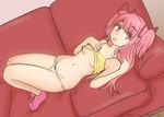  ankle_socks caffeccino camisole commentary couch highres kaname_madoka long_hair lowleg lowleg_panties mahou_shoujo_madoka_magica navel panties pink_hair solo spaghetti_strap stomach two_side_up ultimate_madoka underwear underwear_only yellow_eyes 