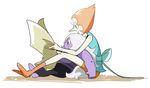  :o ajikan_(sabamiso) amethyst_(steven_universe) aqua_eyes bare_shoulders between_legs bike_shorts black_legwear full_body holding kneehighs long_hair multiple_girls no_pupils open_mouth orange_hair orange_legwear orange_shorts pantyhose pearl_(steven_universe) pointy_nose purple_skin reading short_hair shorts silver_hair simple_background sitting sleeveless steven_universe toeless_legwear white_background 