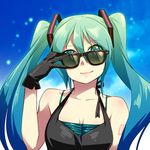  bare_shoulders breasts caffein cleavage commentary gloves green_eyes green_hair halterneck hatsune_miku light_smile long_hair looking_at_viewer md5_mismatch medium_breasts solo sunglasses twintails upper_body vocaloid 