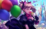  1girl amusement_park animal_ears balloon black_cat_d.va blizzard_world blonde_hair blue_sky bow bracelet cat_ears d.va_(overwatch) dress earrings fang food glowing highres holding jewelry licking long_hair murloc overwatch pearl_bracelet popsicle purple_eyes roller_coaster signature sky solo tinadraw twintails 