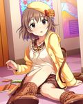  bag boots brown_eyes brown_hair checkered checkered_floor hat idolmaster idolmaster_cinderella_girls jewelry kita_hinako necklace notepad on_floor open_mouth poster_(object) short_hair skirt solo sweatdrop 