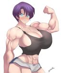  1girl abs back_hair blush breasts cleavage flex flexing huge_breasts looking_at_viewer muscle pose shorts smile solo tank_top zetarok 