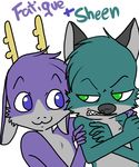  &gt;:( :3 bedfellows cat eente_(artist) fatigue feline fur green_eyes green_fur jackalope lagomorph male mammal purple_eyes purple_fur sheen 