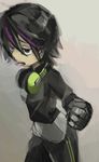  barbell_piercing big_hero_6 black_hair gloves gogo_tomago headphones multicolored_hair piercing purple_hair sakamoto_(pompa) short_hair solo tongue_piercing two-tone_hair 