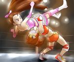  bare_shoulders bared_teeth battle breasts brown_hair duel elbow_gloves elbow_pads german_suplex gloves green_eyes idolmaster idolmaster_(classic) knee_pads long_hair mask minase_iori multiple_girls nou_(iorinknows) red_eyes short_hair short_shorts short_twintails shorts skirt small_breasts suplex takatsuki_yayoi thighhighs twintails very_long_hair wrestling wrestling_mask wrestling_outfit wrestling_ring 