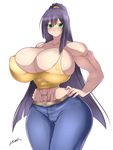  abs black_hair breasts denim erect_nipples female gigantic_breasts green_eyes hands_on_hips jeans kore_wa_zombie_desu_ka? long_hair looking_at_viewer muscle pants ponytail seraphim_(kore_wa_zombie_desu_ka?) slender_waist solo tank_top thigh_gap wide_hips zetarok 