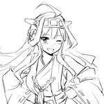  blush greyscale grin hands_on_hips kantai_collection kongou_(kantai_collection) long_hair looking_at_viewer monochrome one_eye_closed simple_background sketch smile solo white_background zaxwu 