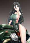  8000 alternate_costume bare_legs breasts chikuma_(kantai_collection) competition_swimsuit gloves green_leotard ground_vehicle kantai_collection large_breasts leotard long_hair looking_at_viewer motor_vehicle motorcycle one-piece_swimsuit one_eye_closed sideboob single_glove solo swimsuit 